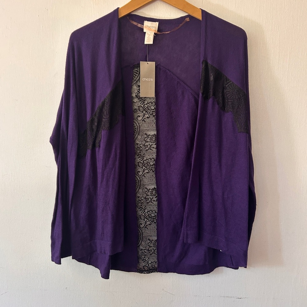 Chicos Cardigan Womens Large Purple Cashmere Blend Open Front Whimsigoth Lace